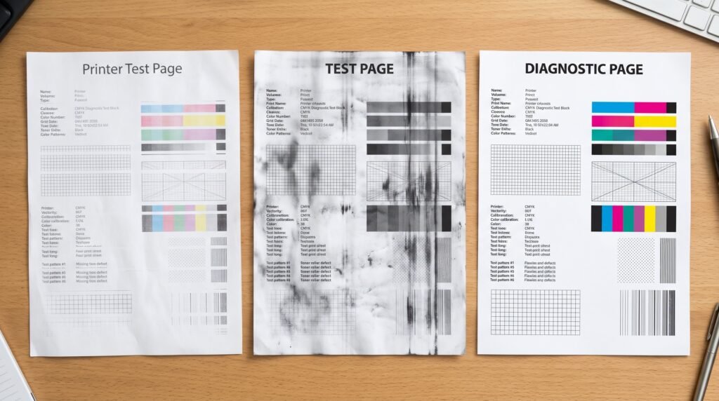 Printer test pages showing white gaps, dark streaks, and a clean print.