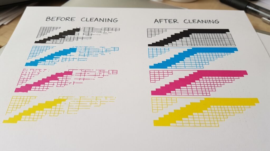 Inkjet nozzle check with missing segments compared with a complete pattern.